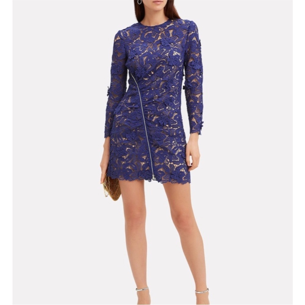 Self-Portrait Lily Zip Detail Blue Guipure Lace Mini Dress